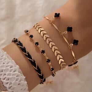 NEW Black & Gold Bracelet Set – Beaded & Chain Layered Stackable Jewelry